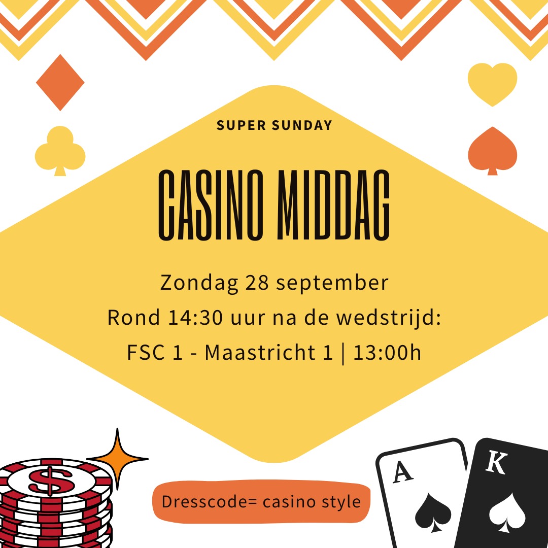🎉 CASINO MIDDAG! 🎉
Zondag 28 september na de wedstrijd van FSC 1 – Maastricht (13:00 uur) toveren we de kantine om tot een écht casino! 🎰✨
Speel mee met Black Jack, laat je geluk spreken bij de Roulette of schuif aan bij de Poker tafel.
En… hoe leuk is het als iedereen in casino style verschijnt? 😎🤵🏽♀🤵🏽♂
Tot dan!