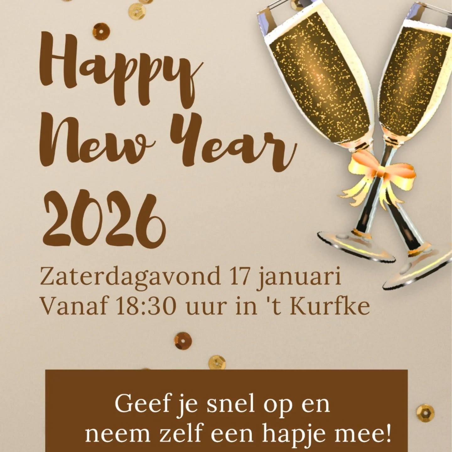 FSC Nieuwjaarsborrel 2026 zaterdag 17 januari vanaf 18.30 uur in het Kurfke voor alle leden, partners en kinderen. Tot dan!