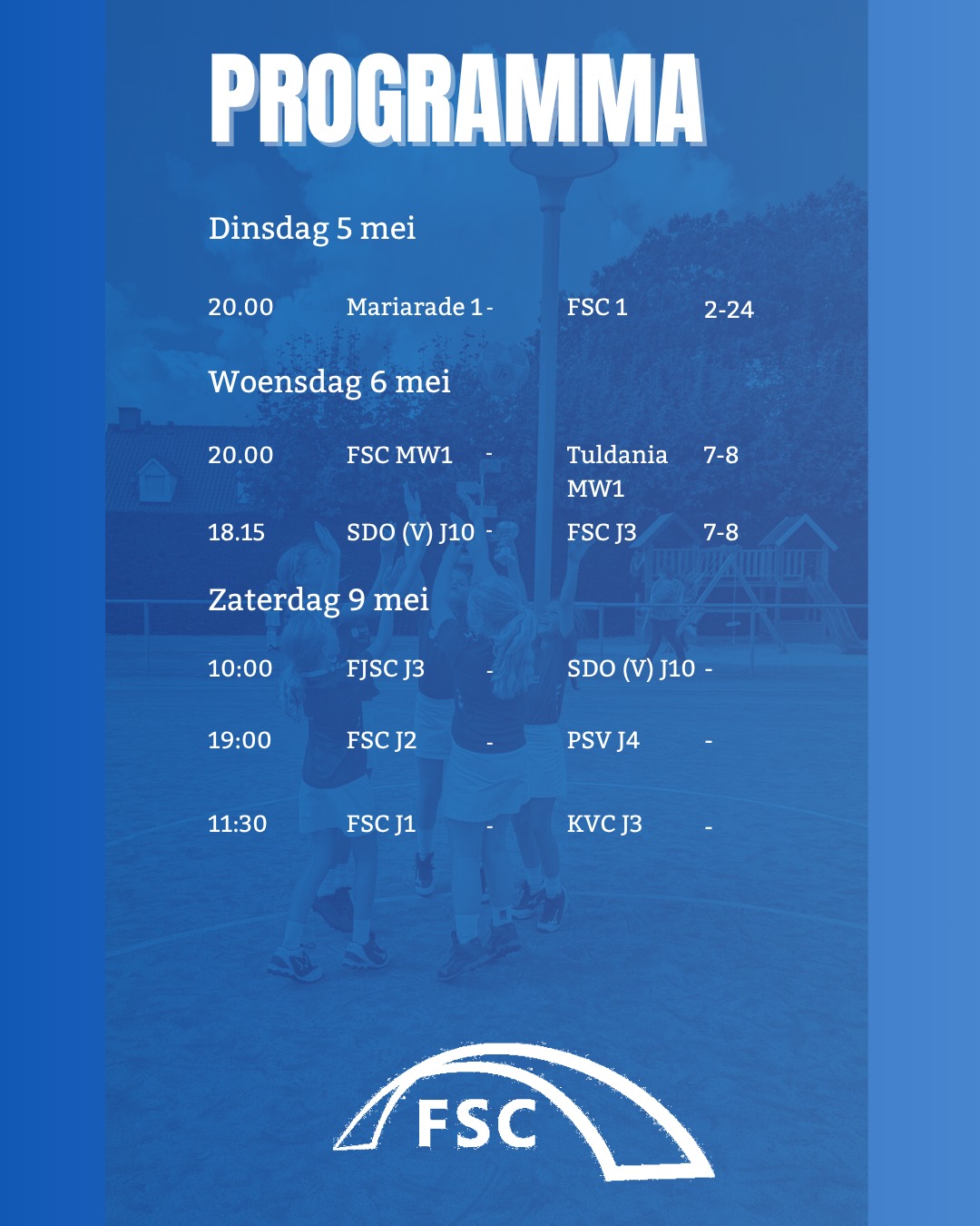 Morgen speelt FSC J3 voor de 2e keer deze week tegen SDO J10

Wedstrijdverslag SDO (V) J 10 - FSC J3 6 mei

Wauw, wat een heerlijke wedstrijd om zo mee te starten na de vakantie! Iedereen had er zin in en Gijs maakte vandaag zijn debuut. Er werd fantastisch overgespeeld, volop op de korf geschoten en gestreden voor elke bal. Er werden sprintjes getrokken als een jachtluipaard!

We stonden constant een puntje voor, maar SDO maakte het ons lastig en kwam vlak voor tijd nog terug op 7-7. De spanning was om te snijden! Gelukkig zorgde Lieke in de slotfase voor de beslissing: 7-8 🎉
Wat een strijders!💪🏻