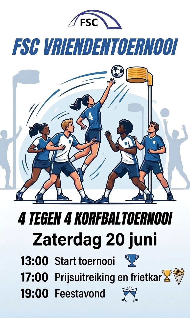 🏐 Bijna zover… het FSC vriendenkorfbaltoernooi komt eraan! 🏐

Nog maar een paar dagen en dan barst de 4e editie van het FSC vriendenkorfbaltoernooi los! 🎉

We kijken ernaar uit om alle teams te verwelkomen voor een middag vol sportiviteit, gezelligheid en natuurlijk een gezonde dosis fanatisme. 💪😄

📅 Zaterdag 20 juni
⏰ Start toernooi: 13:00 uur
🏆 Prijsuitreiking: 17:00 uur
🍟 Vanaf 17:00 uur staat ook de frietkar klaar!
🎉 Feestavond: vanaf 19:00 uur
📍 Korfbalveld Sportpark De Breemakker

Voor alle deelnemers én supporters belooft het een gezellige dag te worden. Blijf na afloop vooral hangen voor de prijsuitreiking, een lekker frietje en natuurlijk de feestavond! 🥳

Wij hebben er zin in... jullie ook? 🔥

#FSCKorfbal #Vriendenkorfbaltoernooi #BijnaZover #SamenSporten #Gezelligheid #DeBreemakker