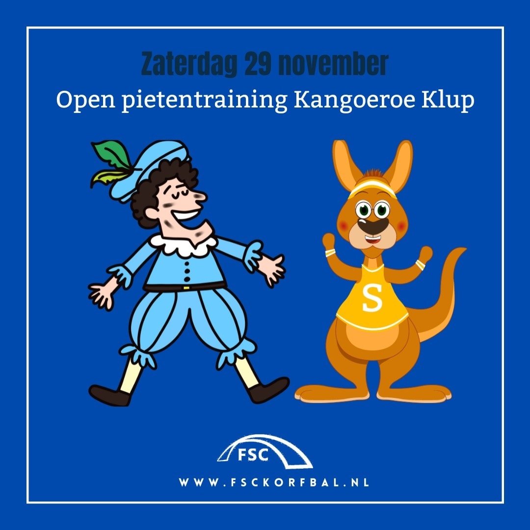 Op zaterdag 29 november om 10.00 uur organiseert de Kangoeroe Klup van FSC een gezellige open pietentraining in de MFA in Knegsel. Kinderen van 3 t/m 7 jaar zijn van harte welkom om mee te doen, ook als je geen lid bent van FSC!

Het wordt extra leuk als je verkleed komt in pietenthema, maar dat hoeft natuurlijk niet. 🎉

Om te weten hoeveel kinderen we kunnen verwachten, vragen we je om je even aan te melden via info@fsckorfbal.nl.

We hopen jullie allemaal te zien bij deze vrolijke pietentraining! 🎁✨
